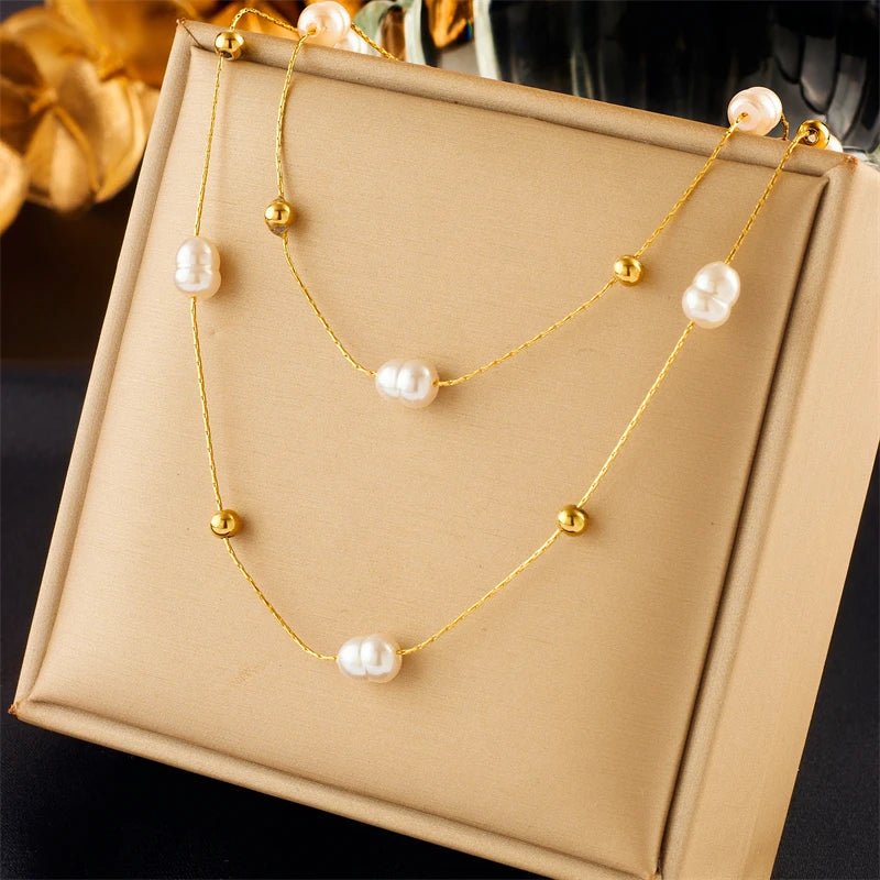 Layered Pearl Gold Beaded Necklace - Veinci