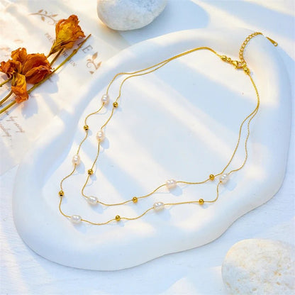 Layered Pearl Gold Beaded Necklace - Veinci