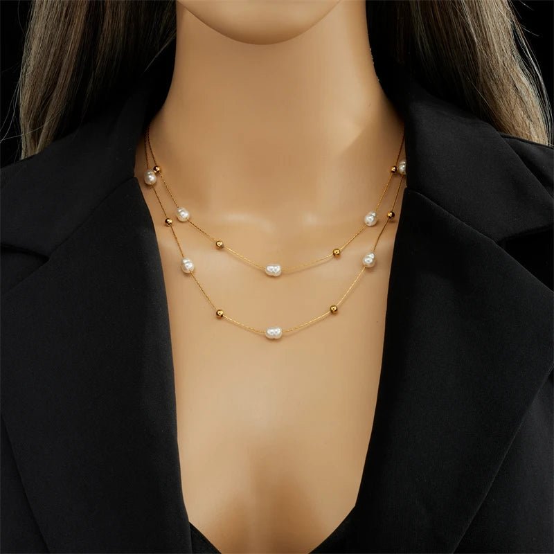 Layered Pearl Gold Beaded Necklace - Veinci