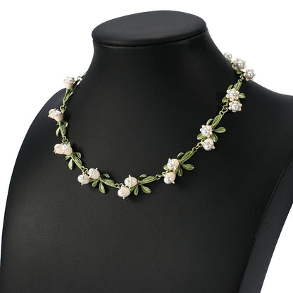 Lily of the Valley Pearl Choker Necklace, Bracelet, and Earrings Set - Veinci