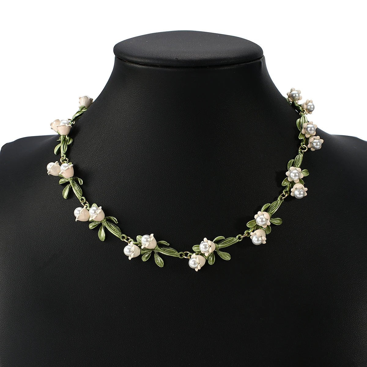 Lily of the Valley Pearl Choker Necklace, Bracelet, and Earrings Set - Veinci