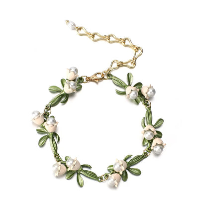 Lily of the Valley Pearl Choker Necklace, Bracelet, and Earrings Set - Veinci