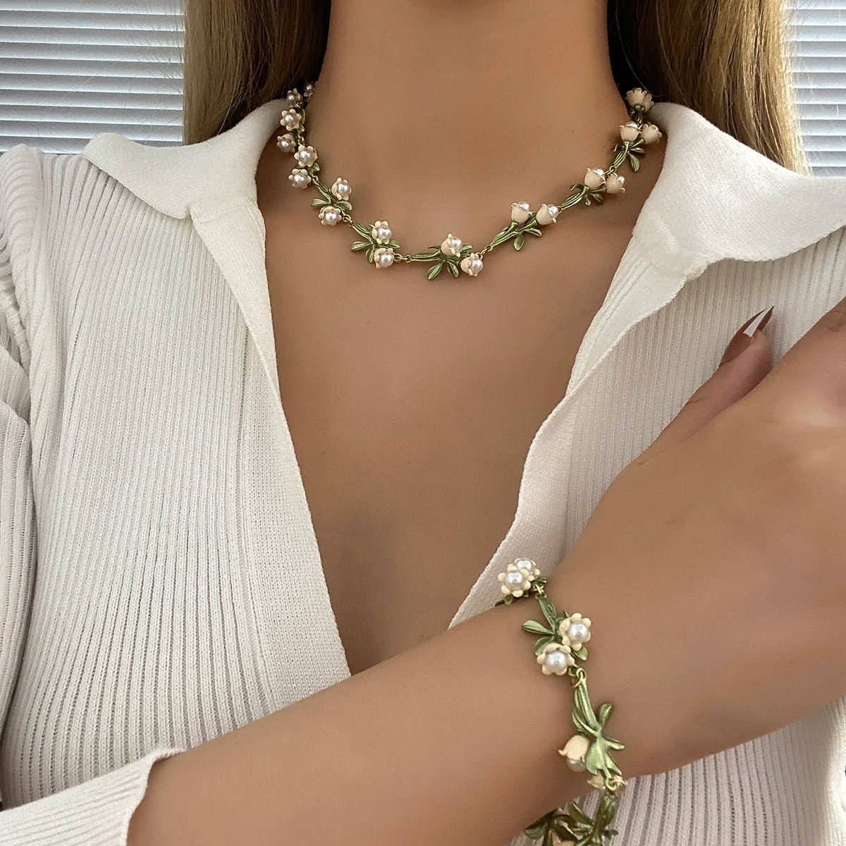 Lily of the Valley Pearl Choker Necklace, Bracelet, and Earrings Set - Veinci