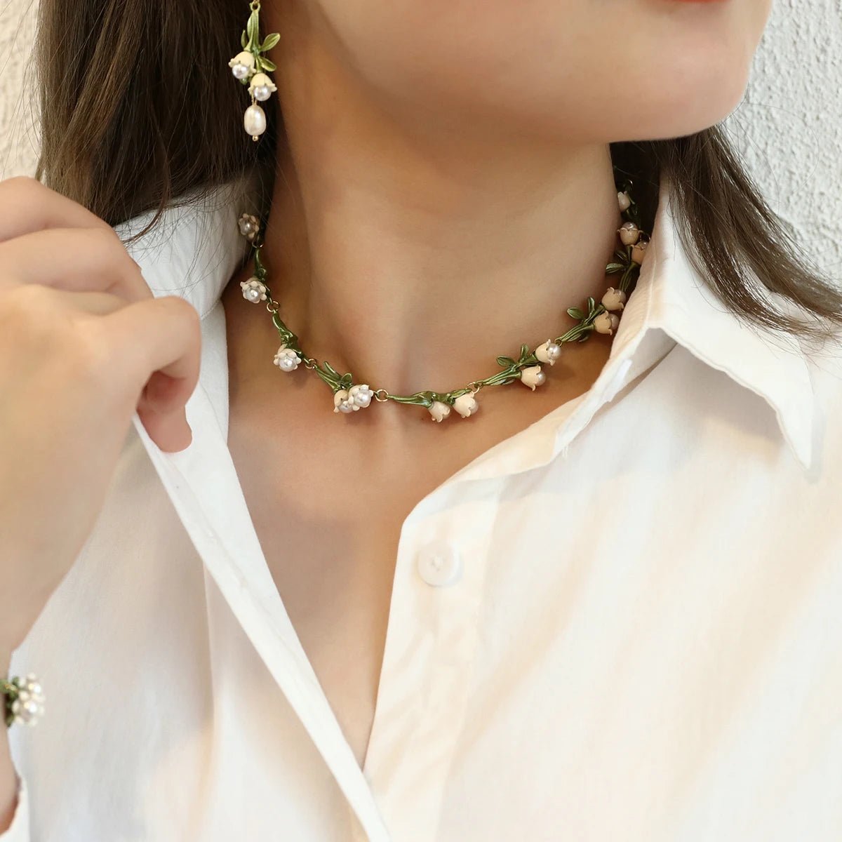 Lily of the Valley Pearl Choker Necklace, Bracelet, and Earrings Set - Veinci