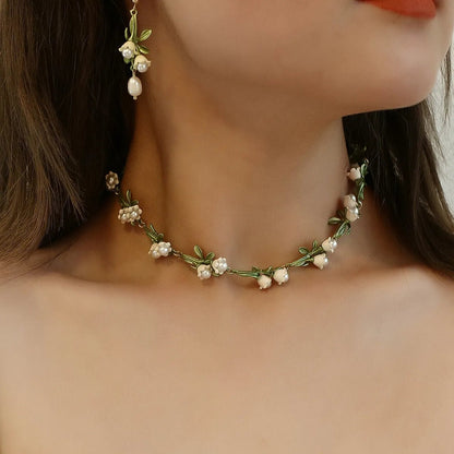 Lily of the Valley Pearl Choker Necklace, Bracelet, and Earrings Set - Veinci