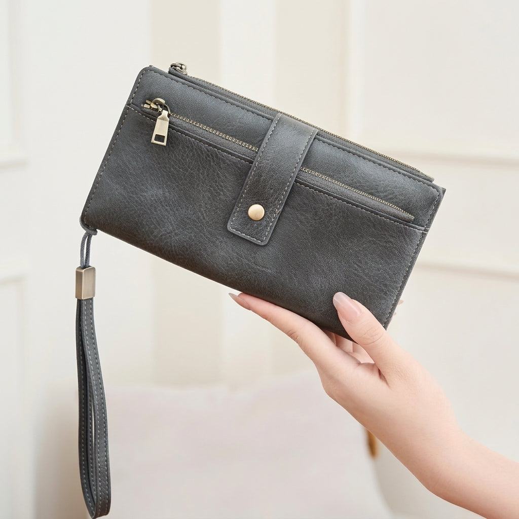 RFID Blocking Elegant Zipper Buttoned Wallet