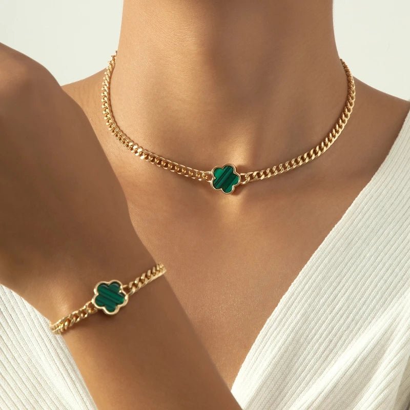 Lucky Clover Cuban Chain Necklace and Bracelet Set - Veinci