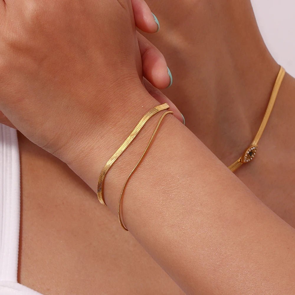 Minimal Herringbone & Dainty Snake Chain Layered Bracelet - Veinci