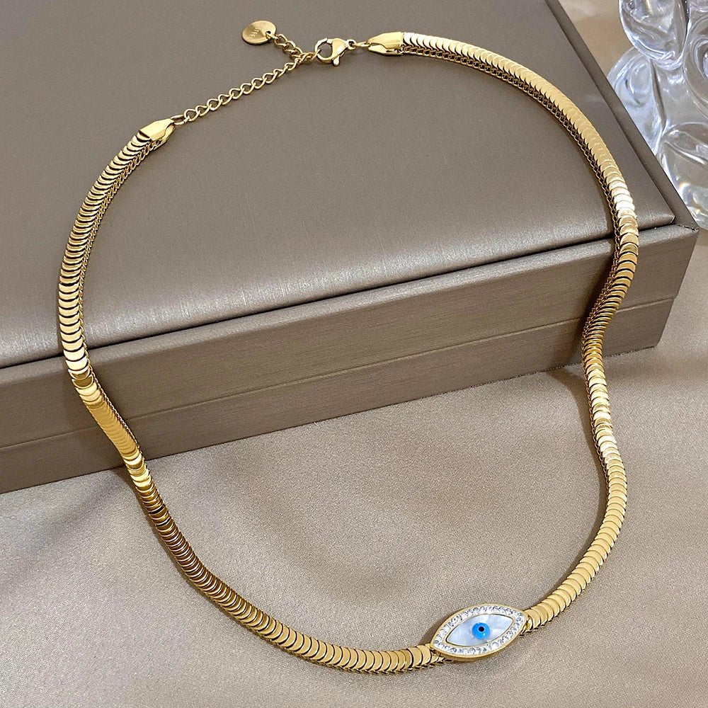 Minimal Snake Chain Evil Eye Necklace - Veinci