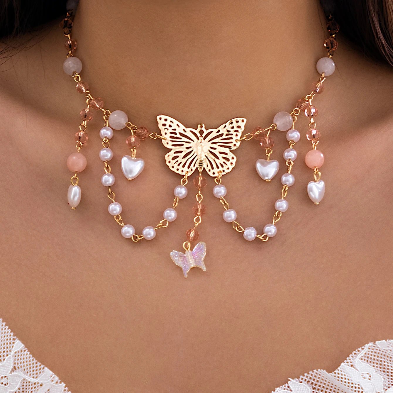 Multi Layered Butterfly Heart Choker Necklace - Veinci