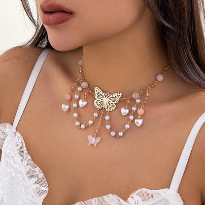 Multi Layered Butterfly Heart Choker Necklace - Veinci