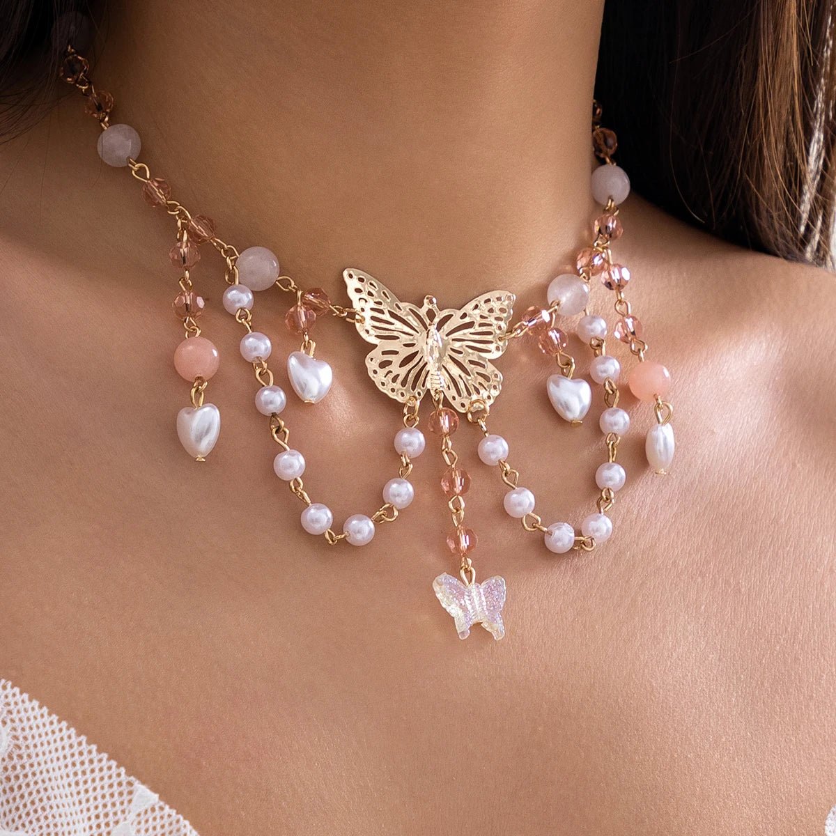 Multi Layered Butterfly Heart Choker Necklace - Veinci