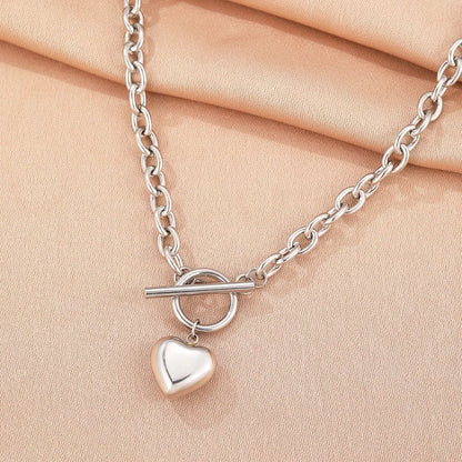 Paperclip Chain Circle Lock Heart Pendant Necklace - Veinci