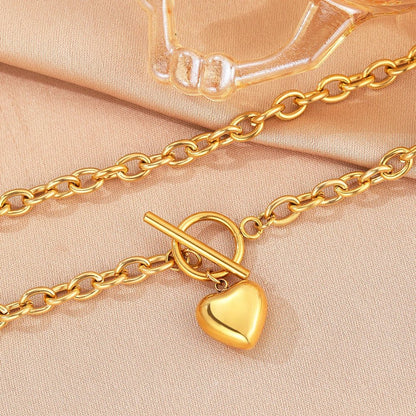 Paperclip Chain Circle Lock Heart Pendant Necklace - Veinci