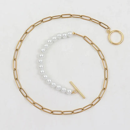 Paperclip Chain Pearl Blended Bracelet and Necklace - Veinci