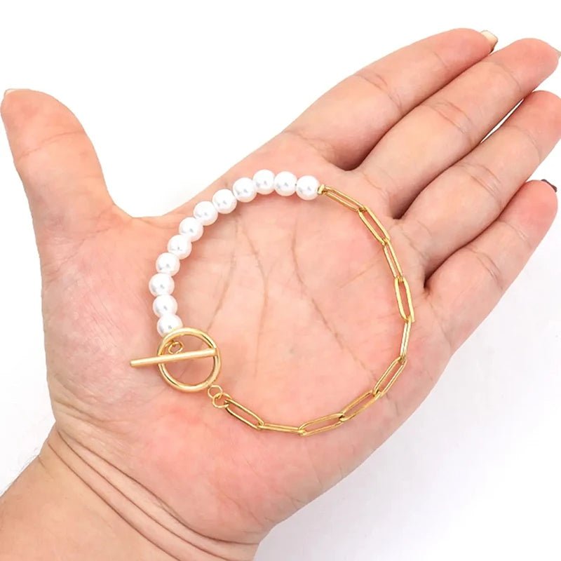 Paperclip Chain Pearl Blended Bracelet and Necklace - Veinci
