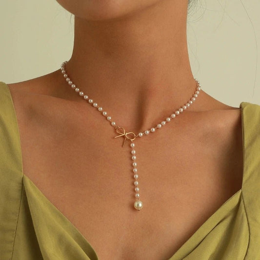 Pearl Dainty Bow Lariat Necklace - Veinci