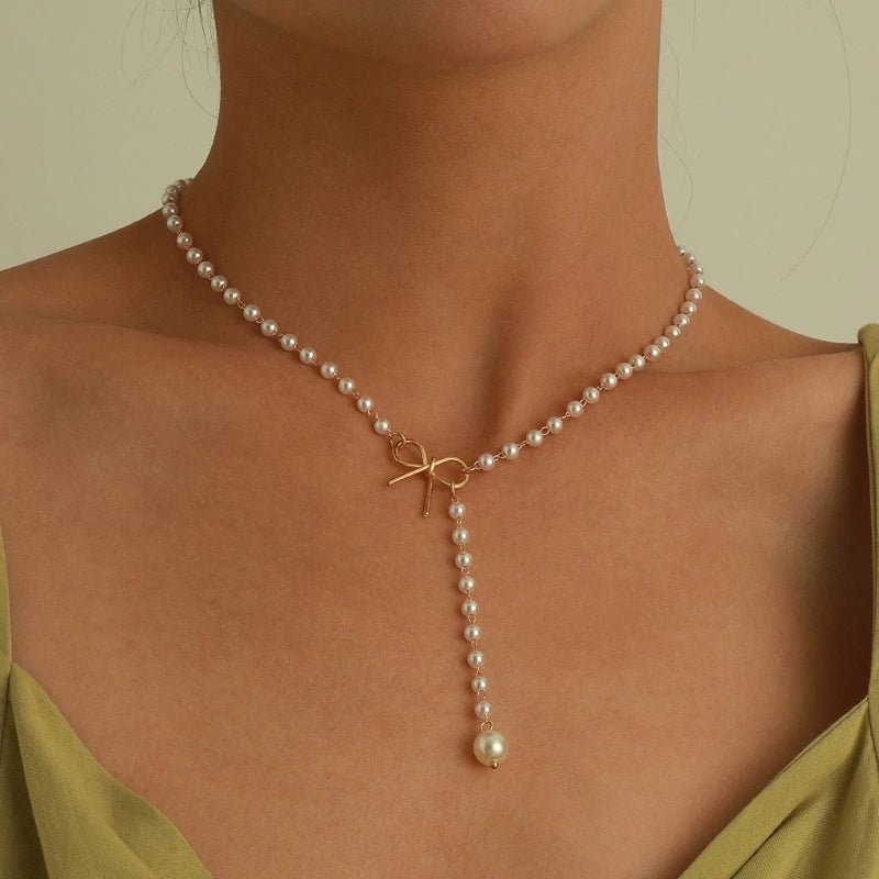 Pearl Dainty Bow Lariat Necklace - Veinci