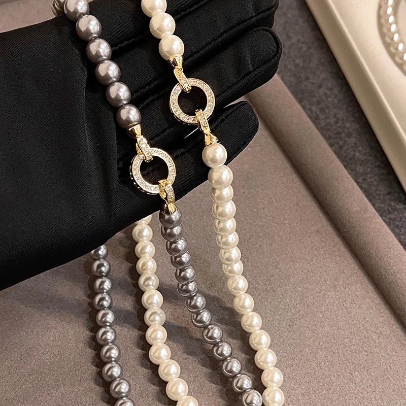 Pearl Diamond Accented Circle Pendant Bracelet and Necklace - Veinci