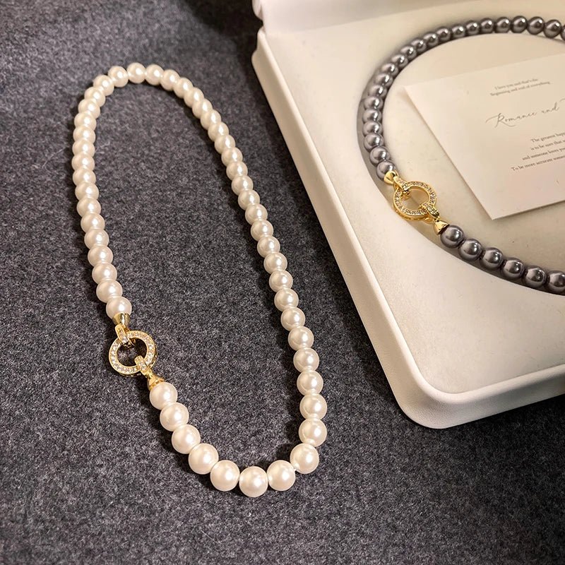 Pearl Diamond Accented Circle Pendant Bracelet and Necklace - Veinci