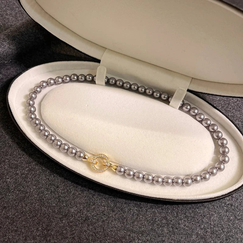 Pearl Diamond Accented Circle Pendant Bracelet and Necklace - Veinci