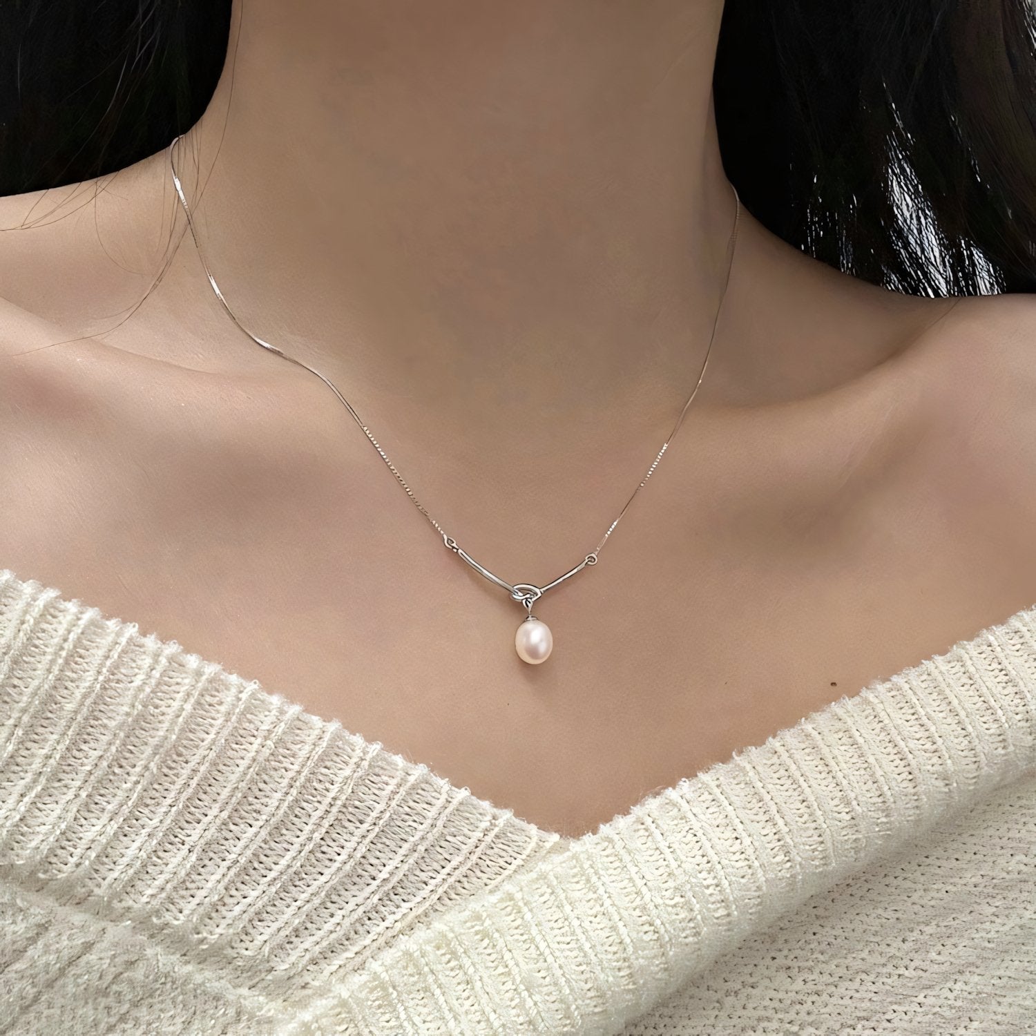 Pearl Drop Knot Dainty Chain Necklace - Veinci
