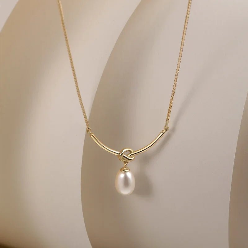 Pearl Drop Knot Dainty Chain Necklace - Veinci