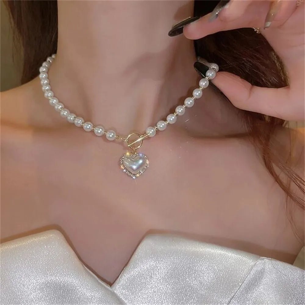 Pearl Heart Clasp Choker Necklace - Veinci