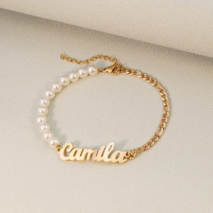 Personalized Name Pearl Figaro Chain Bracelet - Veinci