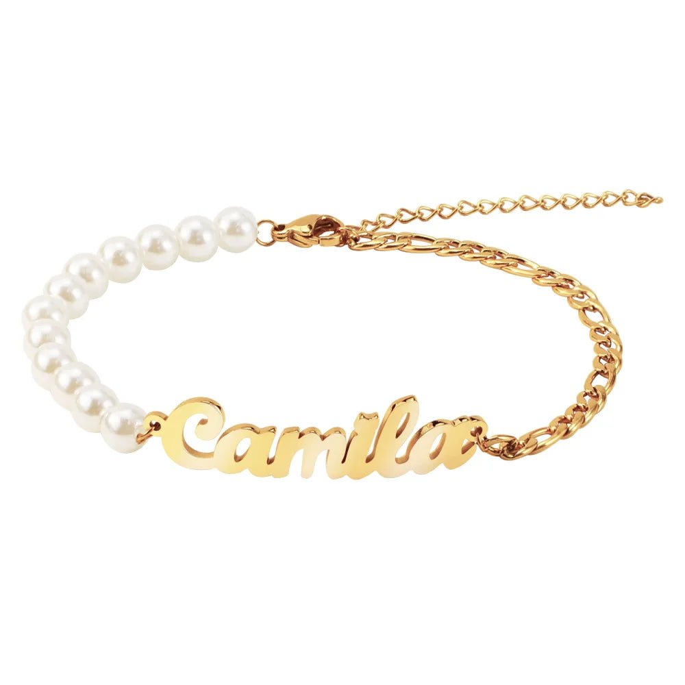 Personalized Name Pearl Figaro Chain Bracelet - Veinci