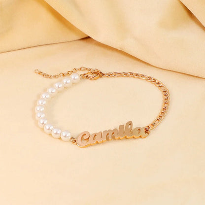 Personalized Name Pearl Figaro Chain Bracelet - Veinci