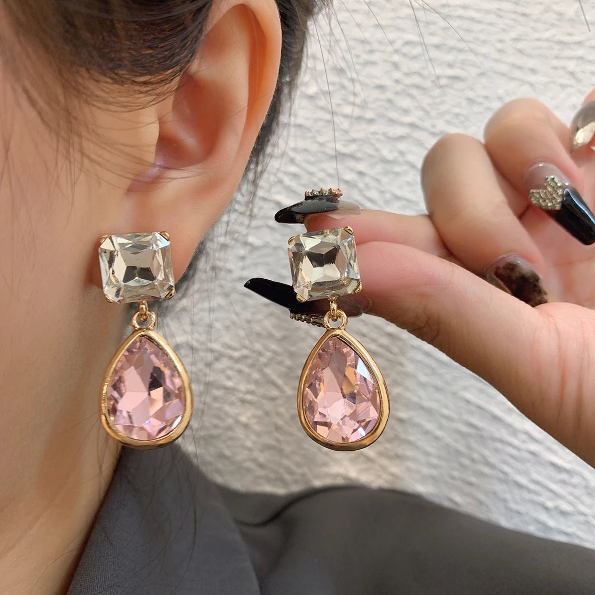 Pink Square Teardrop Diamond Earrings - Veinci