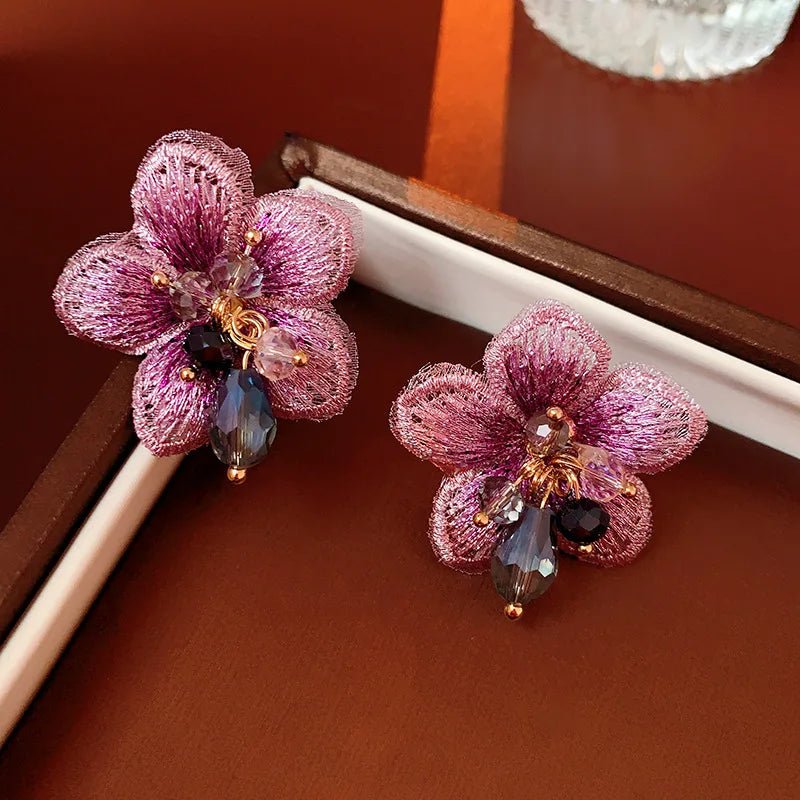 Purple Oriental Hibiscus Floral Earrings - Veinci