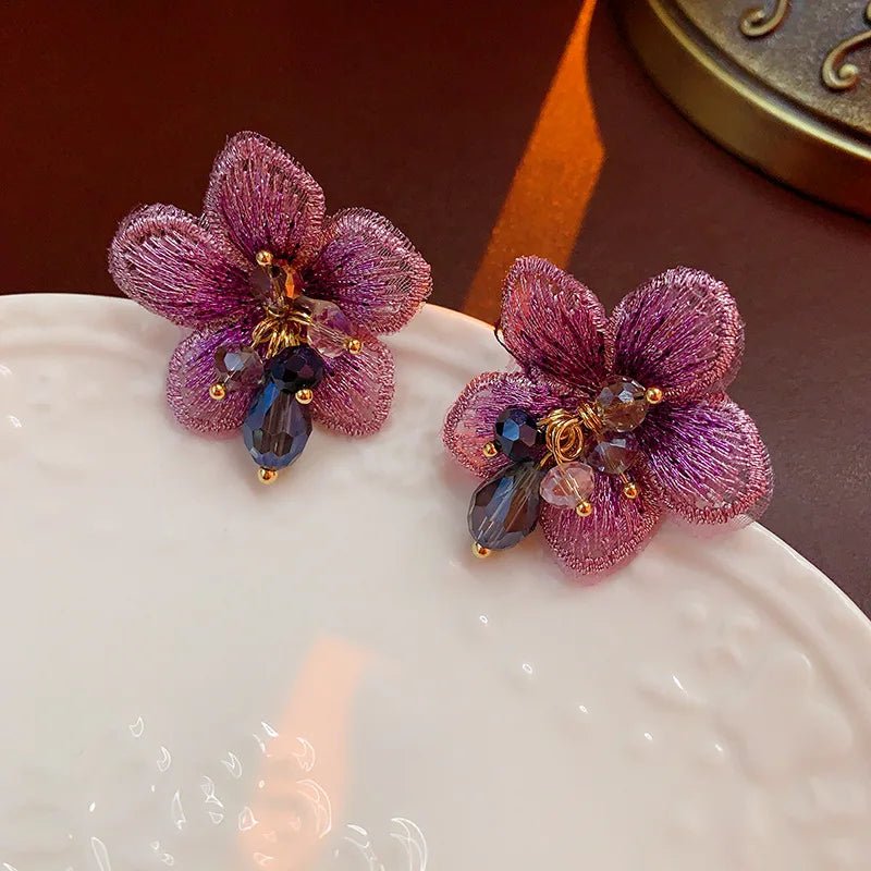 Purple Oriental Hibiscus Floral Earrings - Veinci