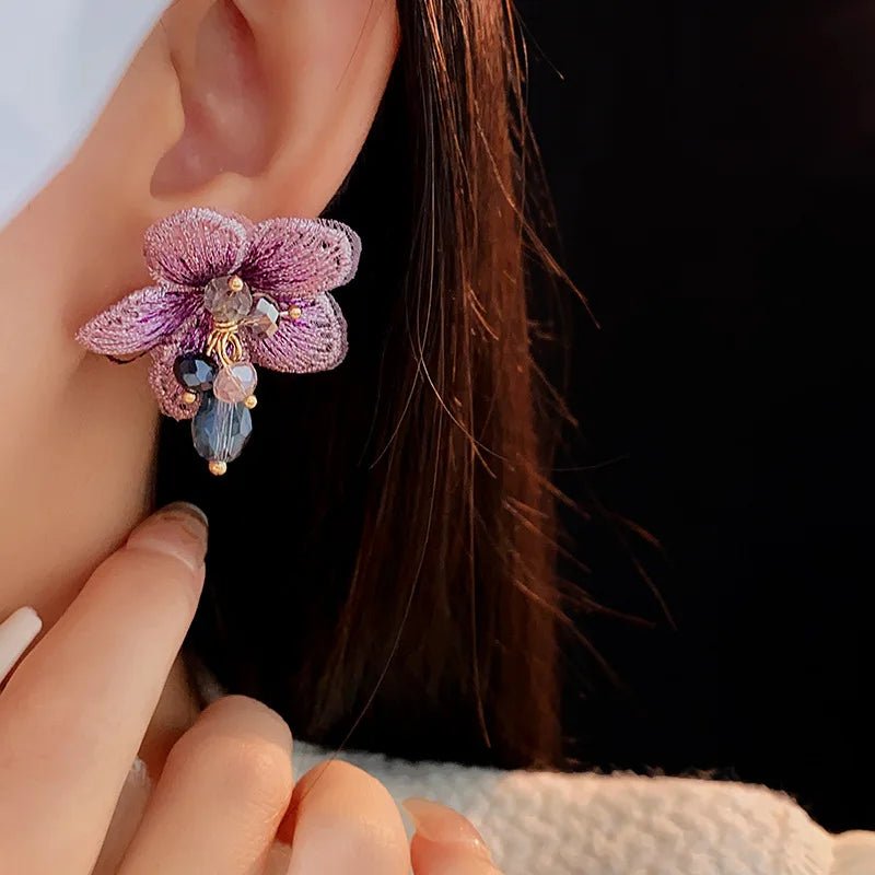 Purple Oriental Hibiscus Floral Earrings - Veinci
