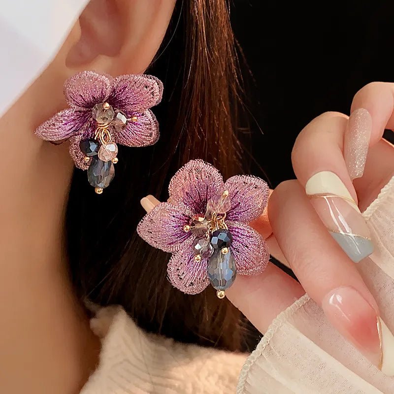 Purple Oriental Hibiscus Floral Earrings - Veinci