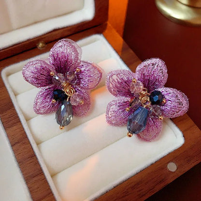 Purple Oriental Hibiscus Floral Earrings - Veinci