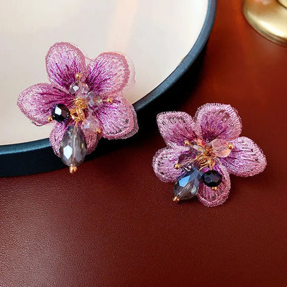 Purple Oriental Hibiscus Floral Earrings - Veinci