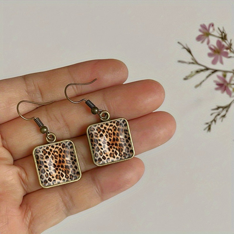 Vintage Leopard Print Square Dangle Earrings