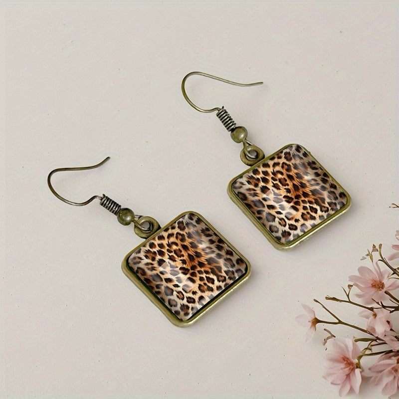 Vintage Leopard Print Square Dangle Earrings