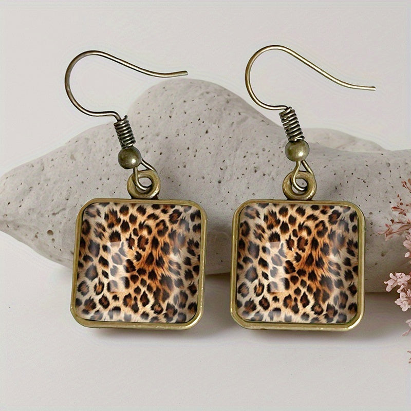 Vintage Leopard Print Square Dangle Earrings