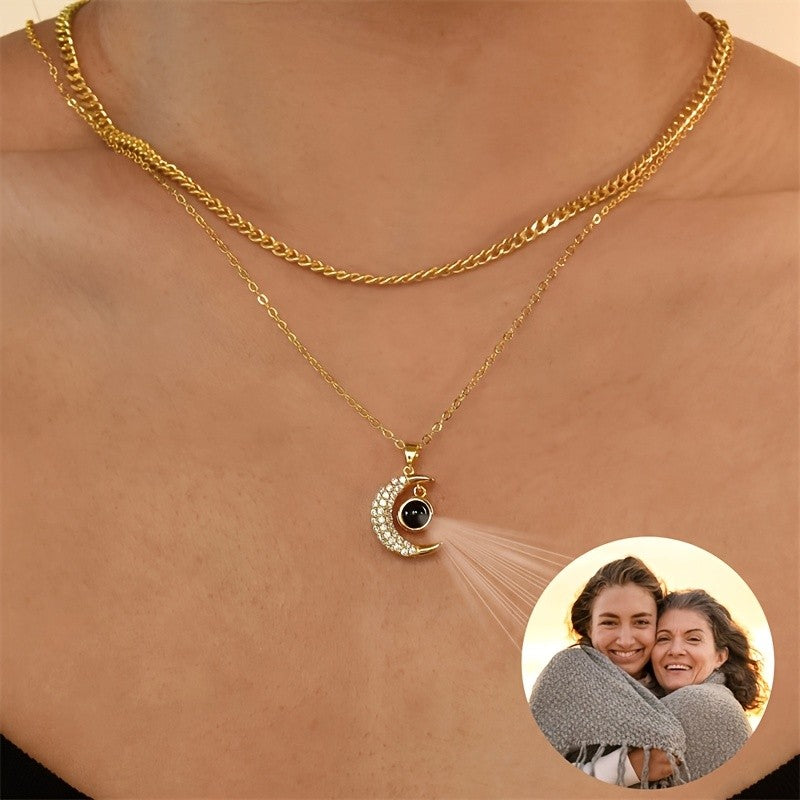 18k Dainty Crescent Moon Photo Projection Necklace