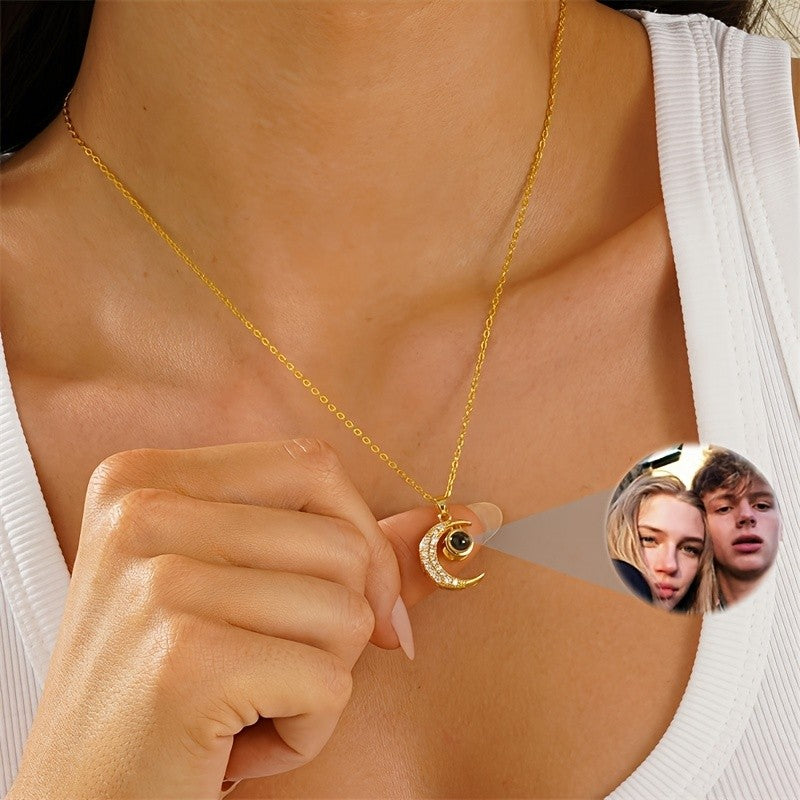 18k Dainty Crescent Moon Photo Projection Necklace