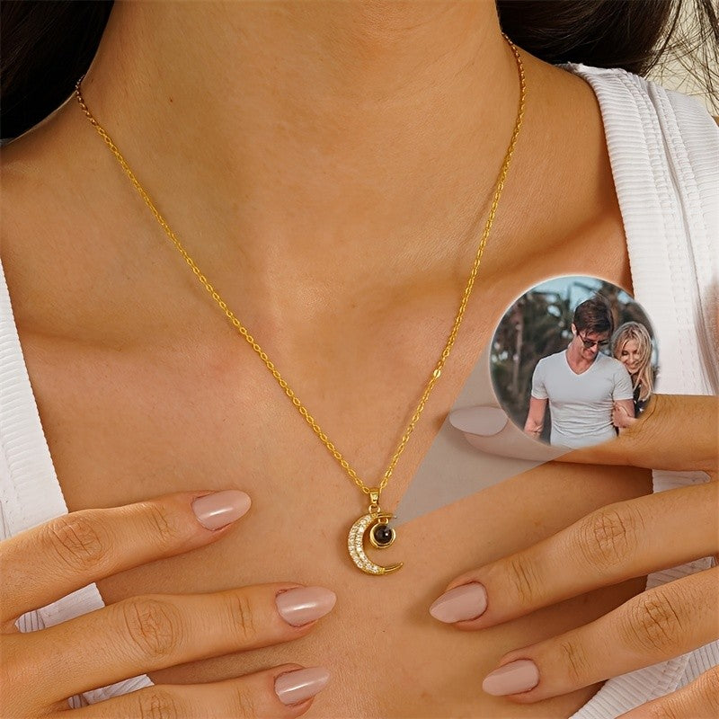 18k Dainty Crescent Moon Photo Projection Necklace