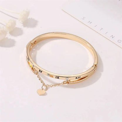 Roman Numeral Heart Dangle Cuff Bracelet - Veinci