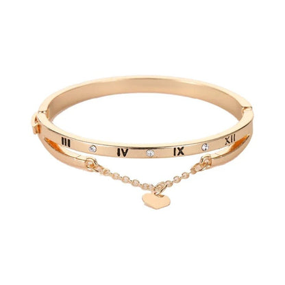 Roman Numeral Heart Dangle Cuff Bracelet - Veinci