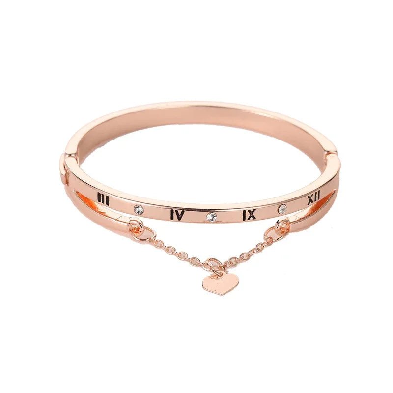 Roman Numeral Heart Dangle Cuff Bracelet - Veinci