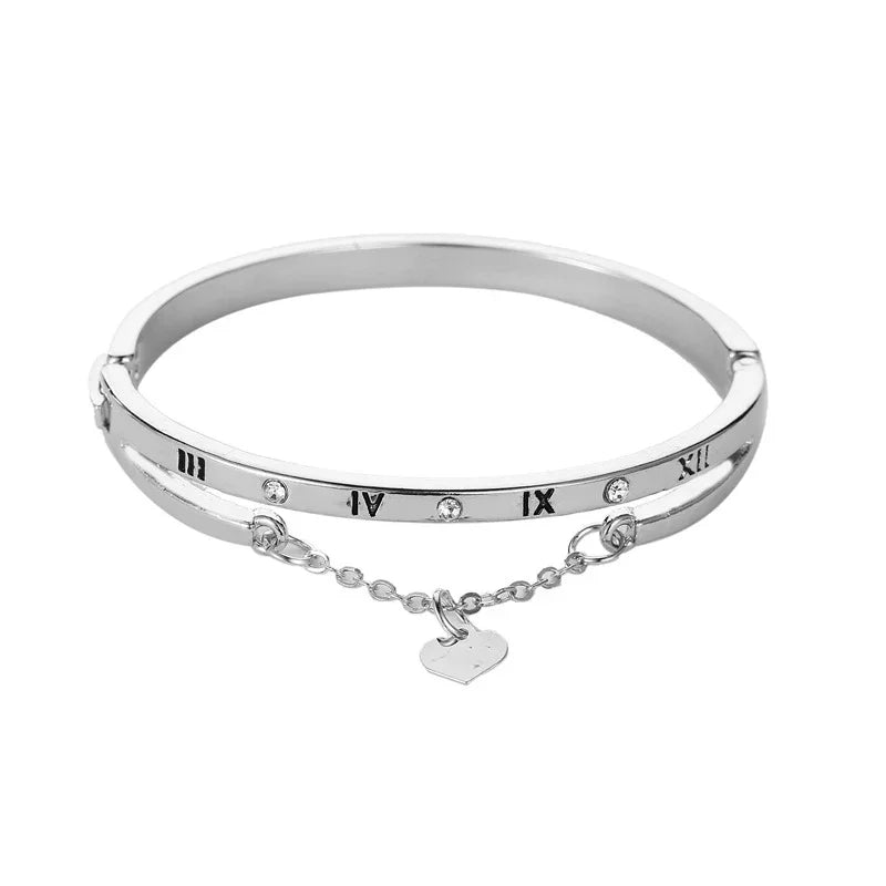 Roman Numeral Heart Dangle Cuff Bracelet - Veinci