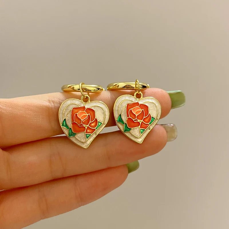 Romantic Flowing Heart Rose Earrings - Veinci