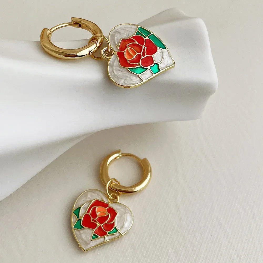 Romantic Flowing Heart Rose Earrings - Veinci